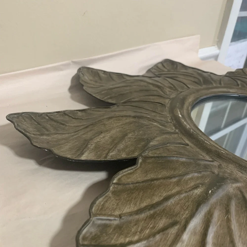 25” Metal Leaf Sunburst Wall Mirror Rustic Bronze Floral Frame Decor Sunflower